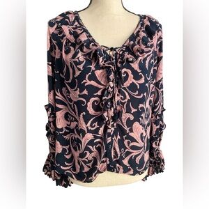 Women’s Anthropologie peasant blouse medium petite lace up front ballon sleeve